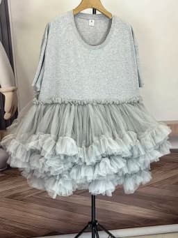 [EWQ] Fashion Streetwear Ball Gown Dress Solid Colors Spliced Irregular Mesh Loose Women Dresses 2025 Summer New Tide 16O6549