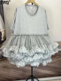 [EWQ] Fashion Streetwear Ball Gown Dress Solid Colors Spliced Irregular Mesh Loose Women Dresses 2025 Summer New Tide 16O6549