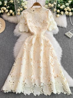 Ele Summer Lace round Ne Dr Women's High Waist Slimming Long Skirt Korean Sle Commute High Softn Regular Sve