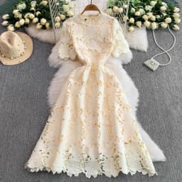 Ele Summer Lace round Ne Dr Women's High Waist Slimming Long Skirt Korean Sle Commute High Softn Regular Sve
