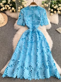 Ele Summer Lace round Ne Dr Women's High Waist Slimming Long Skirt Korean Sle Commute High Softn Regular Sve