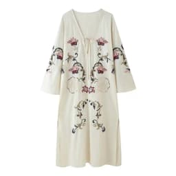 Summer 2025 New Women's Loose Design Sense Flower Embroidery Long Dress Mid-Length A-Line Skirt Style V-Neckline Long Sleeve
