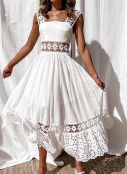 Women's Dress White Hollow Out Cotton Sundress Lace Sleeveless Long Splicing Summer Party Elegant Evening Woman Skirt Clothing