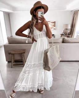 Women's Dress White Hollow Out Cotton Sundress Lace Sleeveless Long Splicing Summer Party Elegant Evening Woman Skirt Clothing
