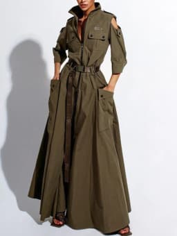 Retro Maxi Shirt Dress Women 2026 Turndown Neck Half Sleeve Zipper Belt Pockets Long Dress Ladies Streetwear Women Clothes