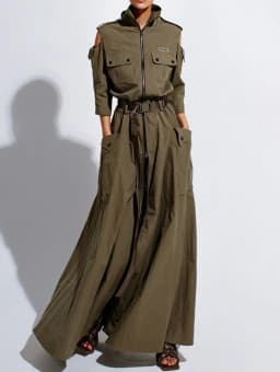 Retro Maxi Shirt Dress Women 2026 Turndown Neck Half Sleeve Zipper Belt Pockets Long Dress Ladies Streetwear Women Clothes