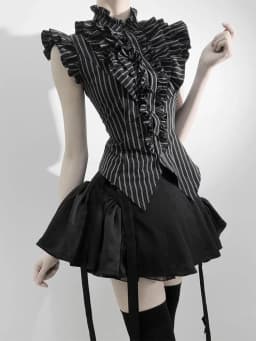 Gothic Lolita Harajuku Subculture Striped Puff Sleeve Bow Lace Mini Dress Women Y2k Double Breasted Casual Party Outfit New 2026