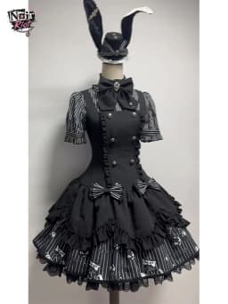 Gothic Lolita Harajuku Subculture Striped Puff Sleeve Bow Lace Mini Dress Women Y2k Double Breasted Casual Party Outfit New 2026