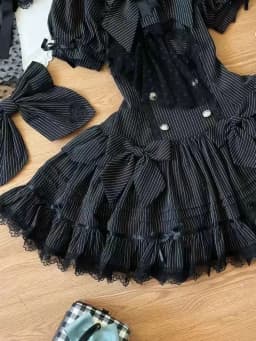 Gothic Lolita Harajuku Subculture Striped Puff Sleeve Bow Lace Mini Dress Women Y2k Double Breasted Casual Party Outfit New 2026