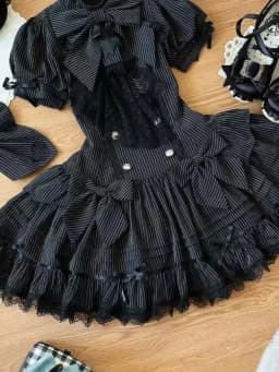 Gothic Lolita Harajuku Subculture Striped Puff Sleeve Bow Lace Mini Dress Women Y2k Double Breasted Casual Party Outfit New 2026