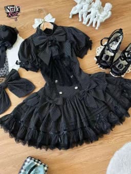 Gothic Lolita Harajuku Subculture Striped Puff Sleeve Bow Lace Mini Dress Women Y2k Double Breasted Casual Party Outfit New 2026