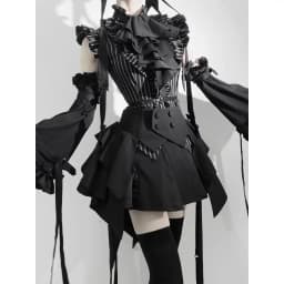 Gothic Lolita Harajuku Subculture Striped Puff Sleeve Bow Lace Mini Dress Women Y2k Double Breasted Casual Party Outfit New 2026