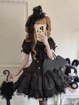 Gothic Lolita Harajuku Subculture Striped Puff Sleeve Bow Lace Mini Dress Women Y2k Double Breasted Casual Party Outfit New 2026