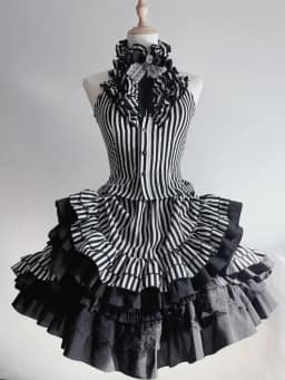 Gothic Lolita Harajuku Subculture Striped Puff Sleeve Bow Lace Mini Dress Women Y2k Double Breasted Casual Party Outfit New 2026