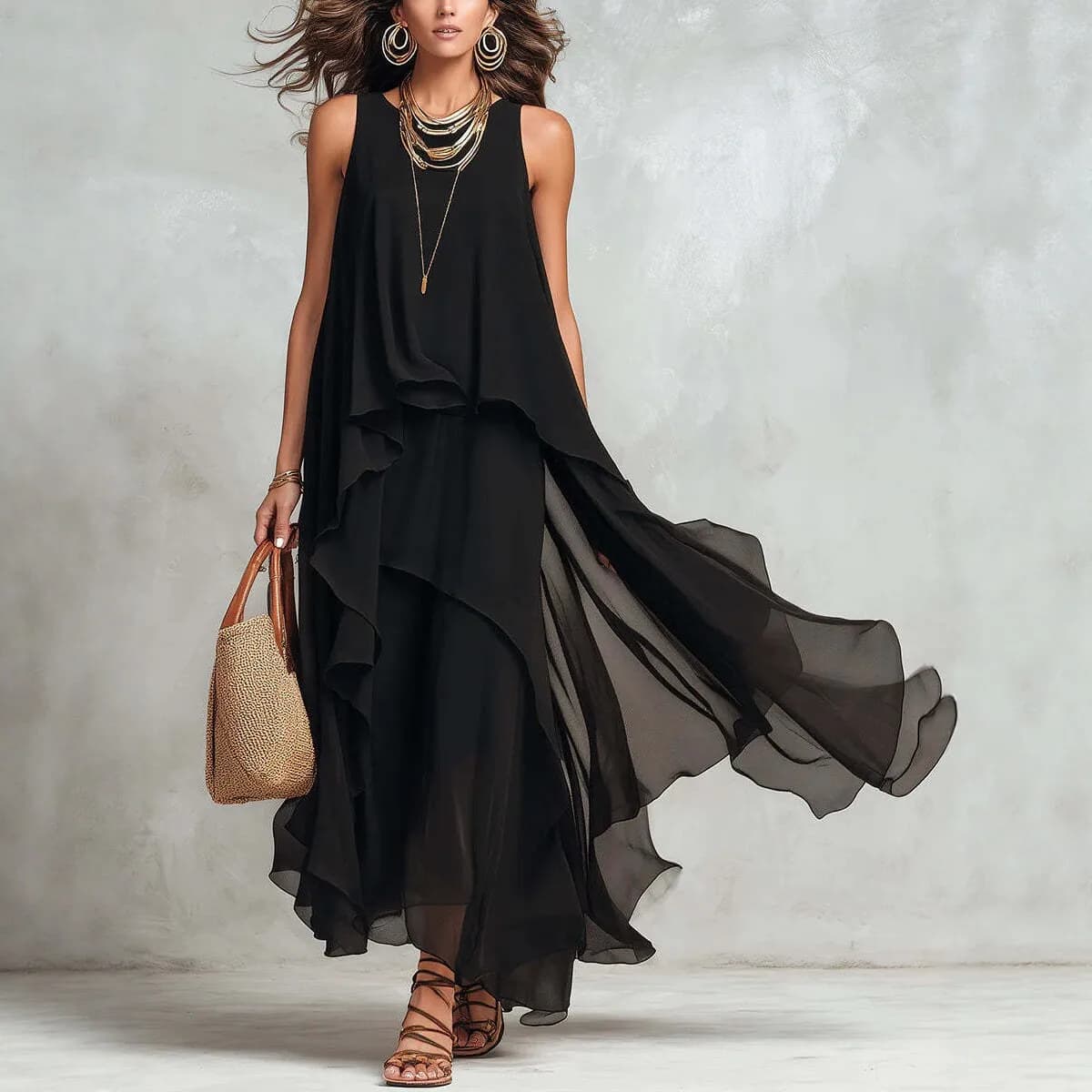 2026 New Black Sleeveless Irregular Chiffon Long Dress With Elegant Temperament For Women Dress