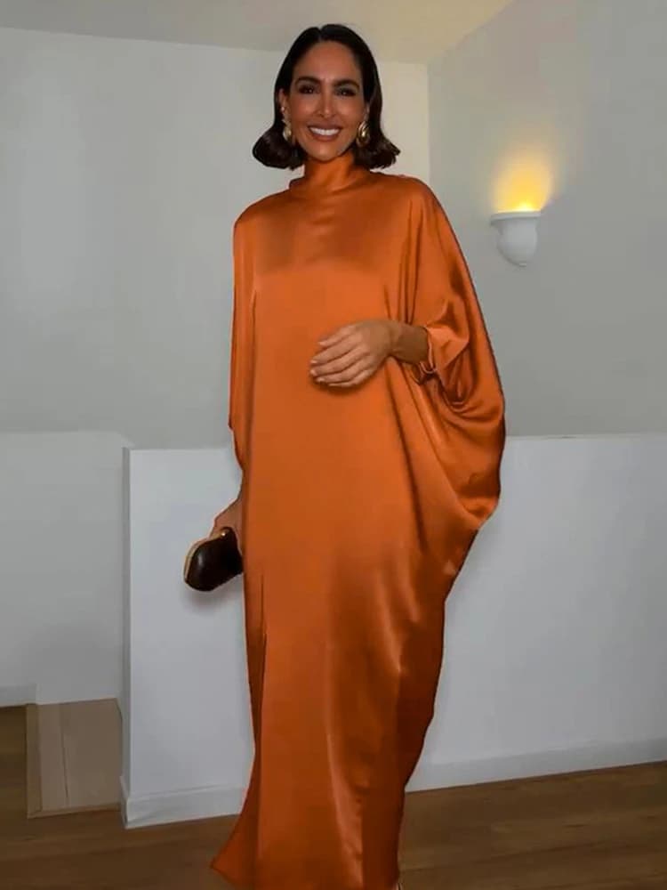 Loose Satin Orange Women's Maxi Dress Backless Lace Up Batwing Sleeve Slit Dresses 2026 Elegant Lady Party Holiday Robes