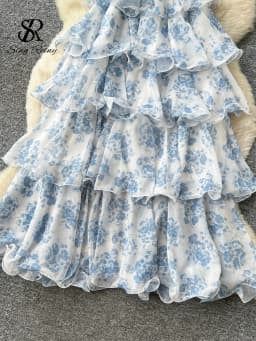 SINGREINY French Floral Party Dress Women Backless Halter V Neck Lace Up A-line Slim Chic 2026 Summer Elegant Chiffon Cake Dress