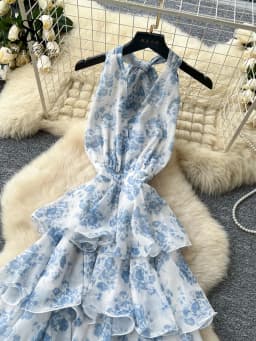 SINGREINY French Floral Party Dress Women Backless Halter V Neck Lace Up A-line Slim Chic 2026 Summer Elegant Chiffon Cake Dress