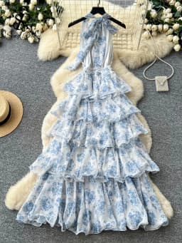 SINGREINY French Floral Party Dress Women Backless Halter V Neck Lace Up A-line Slim Chic 2026 Summer Elegant Chiffon Cake Dress