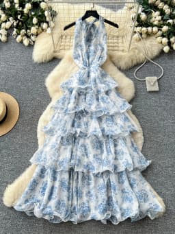 SINGREINY French Floral Party Dress Women Backless Halter V Neck Lace Up A-line Slim Chic 2026 Summer Elegant Chiffon Cake Dress