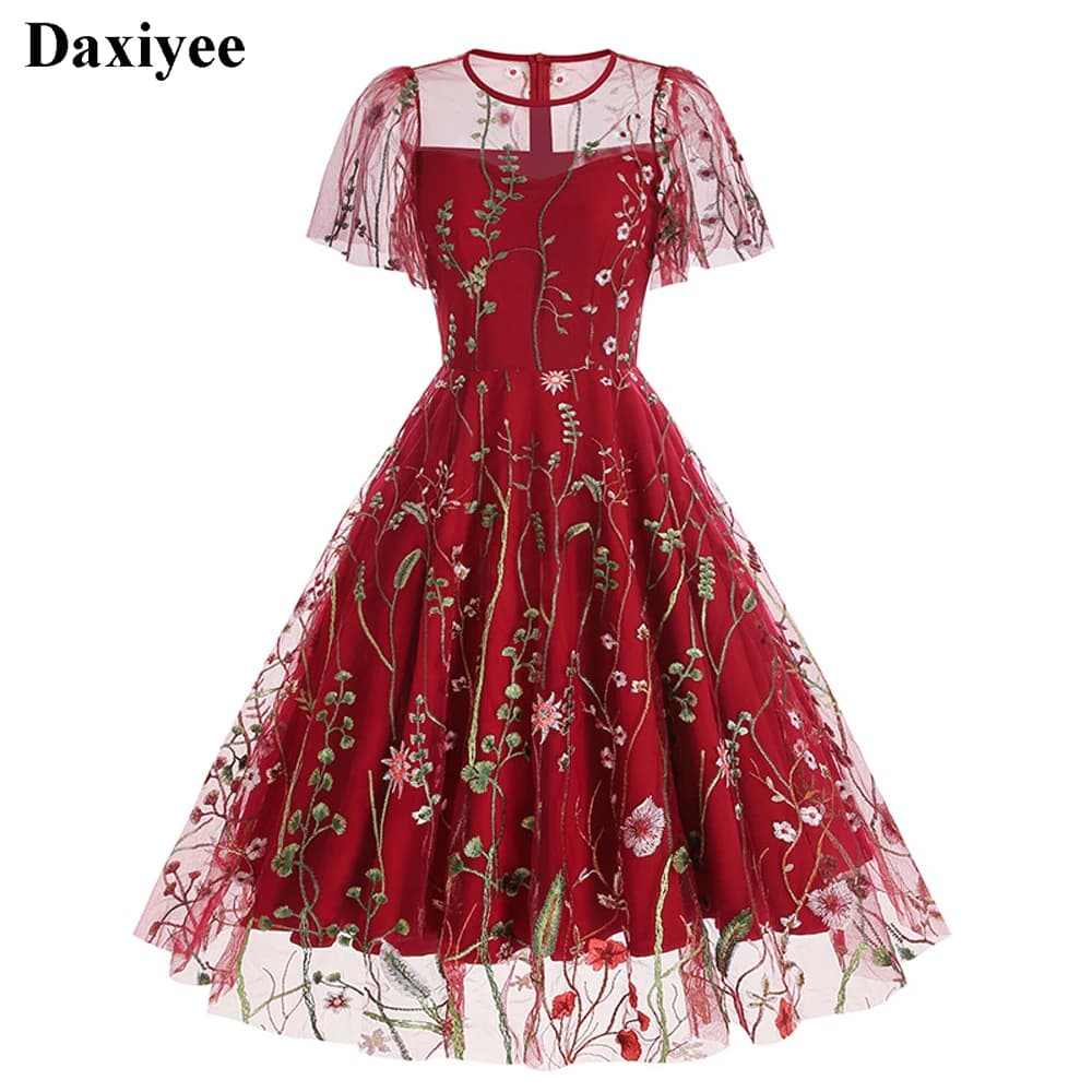 Evening Party Elegant Retro Dress Luxury 2025 Women Summer O-Neck Floral Mesh Embroidered 60s 70s Vintage Midi Dresses Vestidos