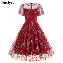 Evening Party Elegant Retro Dress Luxury 2025 Women Summer O-Neck Floral Mesh Embroidered 60s 70s Vintage Midi Dresses Vestidos