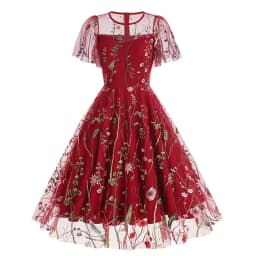 Evening Party Elegant Retro Dress Luxury 2025 Women Summer O-Neck Floral Mesh Embroidered 60s 70s Vintage Midi Dresses Vestidos