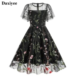 Evening Party Elegant Retro Dress Luxury 2025 Women Summer O-Neck Floral Mesh Embroidered 60s 70s Vintage Midi Dresses Vestidos