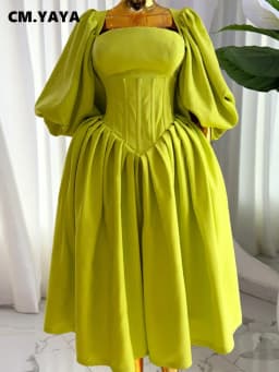 CM.YAYA Women Long Lantern Sleeve Square Collar Big Swing Long Maxi Dress 2024 Fall Birthday Sexy Party Evening Dresses Vestidos