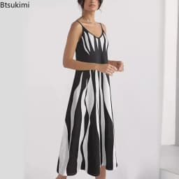 Women's Summer Sleeveless Print Sling Long Dress Vintage Loose Sundress Sexy V-neck Bohemian A-line Vacation Strappy Maxi Dress