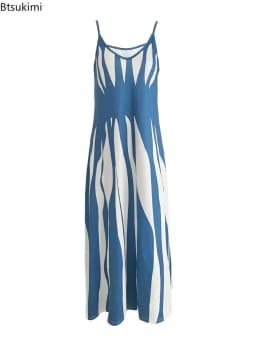 Women's Summer Sleeveless Print Sling Long Dress Vintage Loose Sundress Sexy V-neck Bohemian A-line Vacation Strappy Maxi Dress