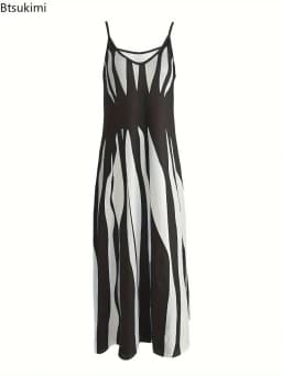 Women's Summer Sleeveless Print Sling Long Dress Vintage Loose Sundress Sexy V-neck Bohemian A-line Vacation Strappy Maxi Dress