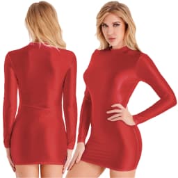 Women's Solid Color Smooth Stretchy Mock Neck Tight Party Dresses Female Dresses Glossy Long Sleeve Bodycon Dress Nightwear