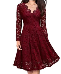 Women Lace A-Line Dress Spring Autumn V Neck Long Sleeve Lace Crochet Patchwork WineRed Slim Party Dresses JYFS-JY8858