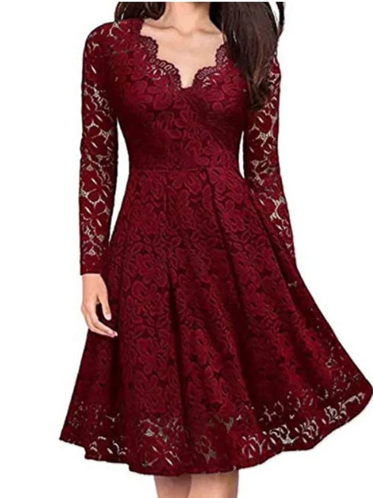 Women Lace A-Line Dress Spring Autumn V Neck Long Sleeve Lace Crochet Patchwork WineRed Slim Party Dresses JYFS-JY8858