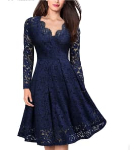 Women Lace A-Line Dress Spring Autumn V Neck Long Sleeve Lace Crochet Patchwork WineRed Slim Party Dresses JYFS-JY8858