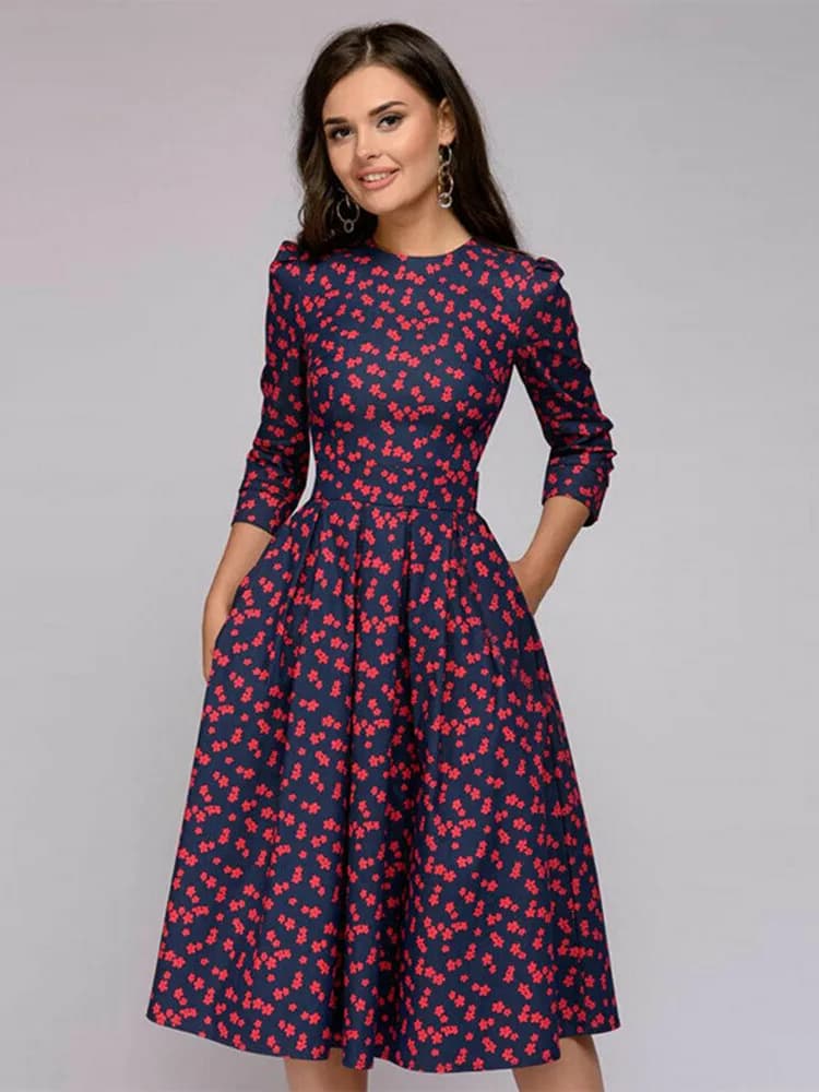 Vintage pleated tunic print dress women Elegant ladies A line dresses Long sleeve female autumn mixi party dress vestidos