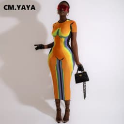 CM.YAYA Women 3D Printed Short Sleeve O-neck Bodycon Midi Maxi Dress  2022 Summer Sexy Night Party Clubwear Long Dresses