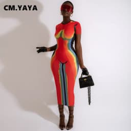 CM.YAYA Women 3D Printed Short Sleeve O-neck Bodycon Midi Maxi Dress  2022 Summer Sexy Night Party Clubwear Long Dresses
