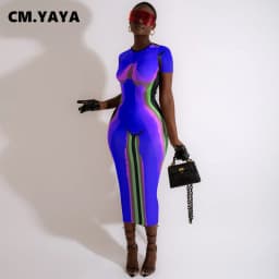 CM.YAYA Women 3D Printed Short Sleeve O-neck Bodycon Midi Maxi Dress  2022 Summer Sexy Night Party Clubwear Long Dresses
