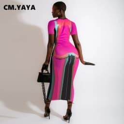 CM.YAYA Women 3D Printed Short Sleeve O-neck Bodycon Midi Maxi Dress  2022 Summer Sexy Night Party Clubwear Long Dresses