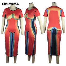 CM.YAYA Women 3D Printed Short Sleeve O-neck Bodycon Midi Maxi Dress  2022 Summer Sexy Night Party Clubwear Long Dresses