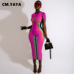 CM.YAYA Women 3D Printed Short Sleeve O-neck Bodycon Midi Maxi Dress  2022 Summer Sexy Night Party Clubwear Long Dresses