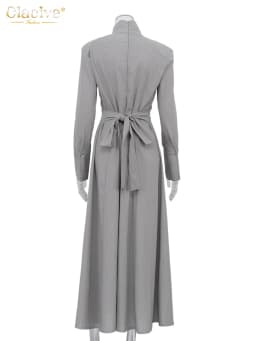 Clacive Fashion Slim Gray Cotton Women Dress Bodycon Stand Collar Long Sleeve Maxi Dresses Elegant High Waist Slit Female Dress