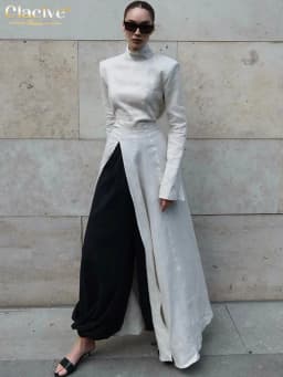 Clacive Fashion Slim Gray Cotton Women Dress Bodycon Stand Collar Long Sleeve Maxi Dresses Elegant High Waist Slit Female Dress