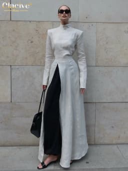 Clacive Fashion Slim Gray Cotton Women Dress Bodycon Stand Collar Long Sleeve Maxi Dresses Elegant High Waist Slit Female Dress