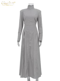 Clacive Fashion Slim Gray Cotton Women Dress Bodycon Stand Collar Long Sleeve Maxi Dresses Elegant High Waist Slit Female Dress