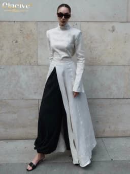 Clacive Fashion Slim Gray Cotton Women Dress Bodycon Stand Collar Long Sleeve Maxi Dresses Elegant High Waist Slit Female Dress