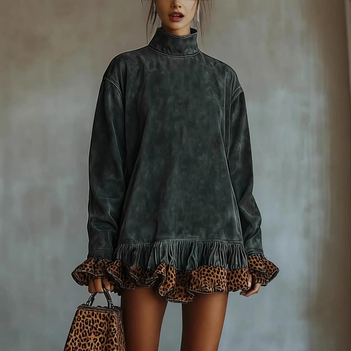 Turtleneck Leopard Trim Dress for Women's Long Sleeve Suede Velvet Flare Sleeve Casual Retro Loose Straight Mini Dresses 2025
