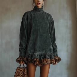 Turtleneck Leopard Trim Dress for Women's Long Sleeve Suede Velvet Flare Sleeve Casual Retro Loose Straight Mini Dresses 2025